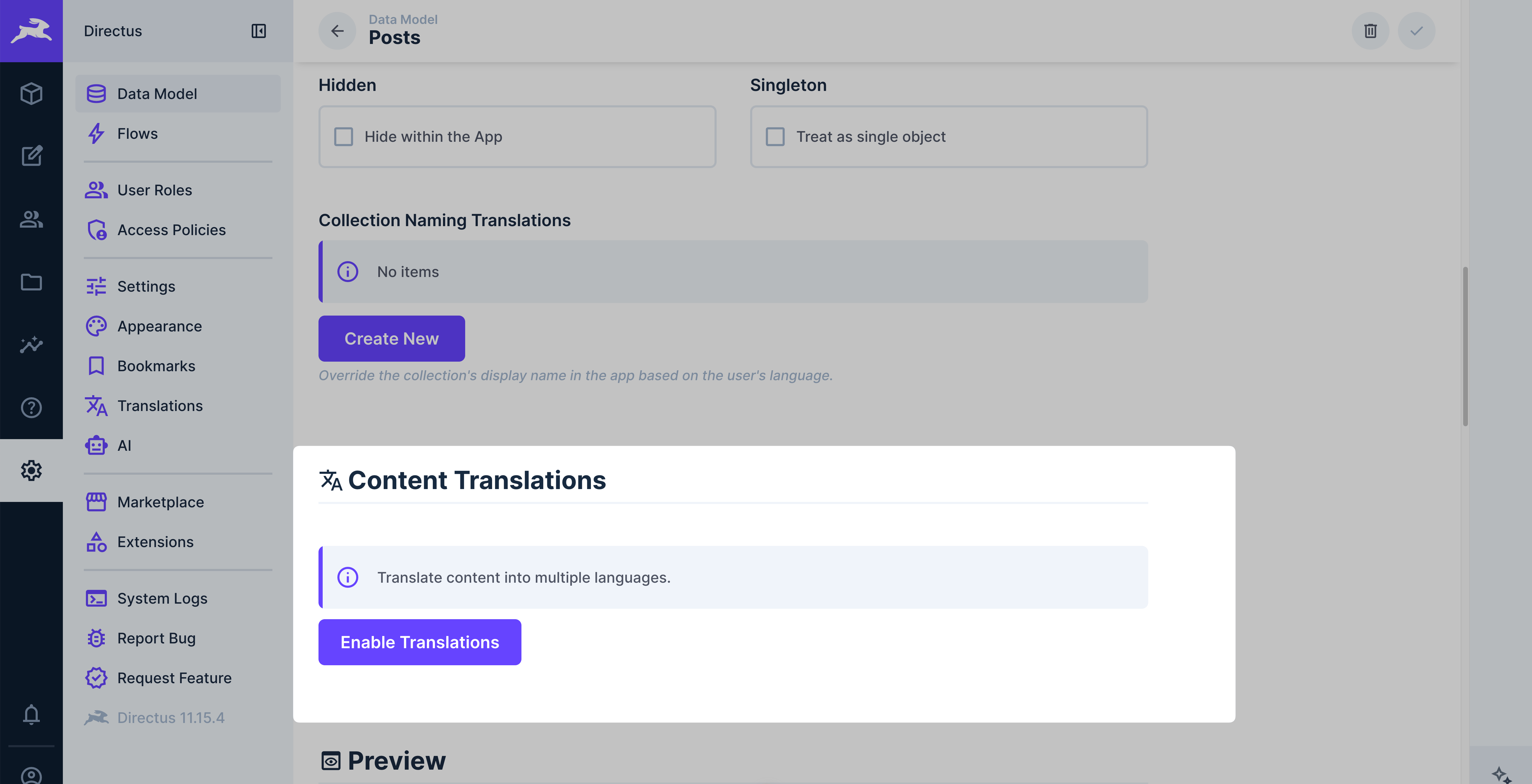 Translations section in collection settings showing Enable Translations button