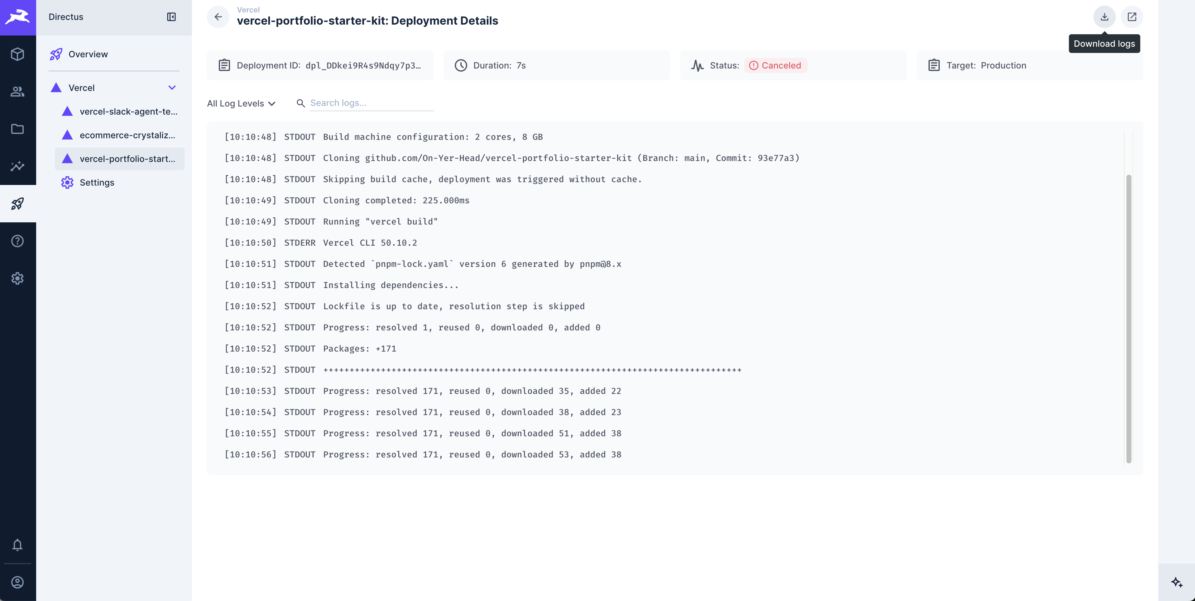 Vercel integration export logs